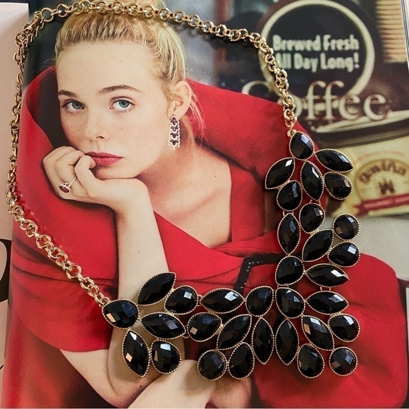 Statement Necklace Goldtone Black Marquise and Round Crystals - Picture 1 of 6